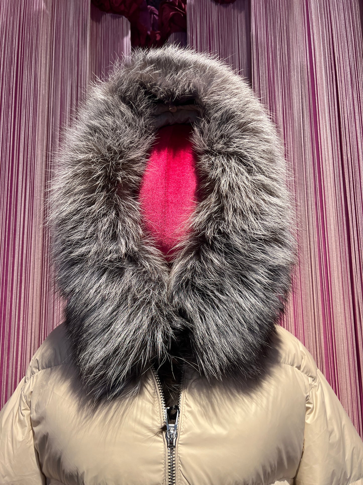 The room piumino lungo piuma d’oca con cappuccio,collo pelliccia rimovibile