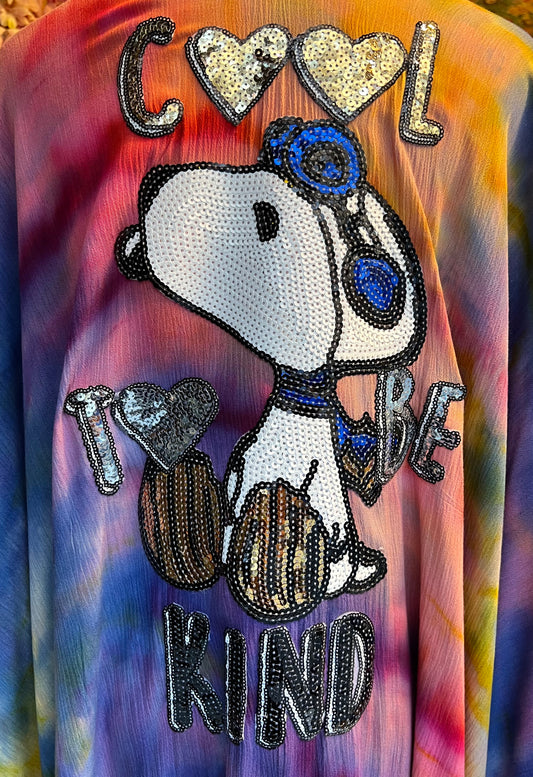 Pds Kaftano aperto applicazione  patch dietro Snoopy scritta cool to be kind fantasia