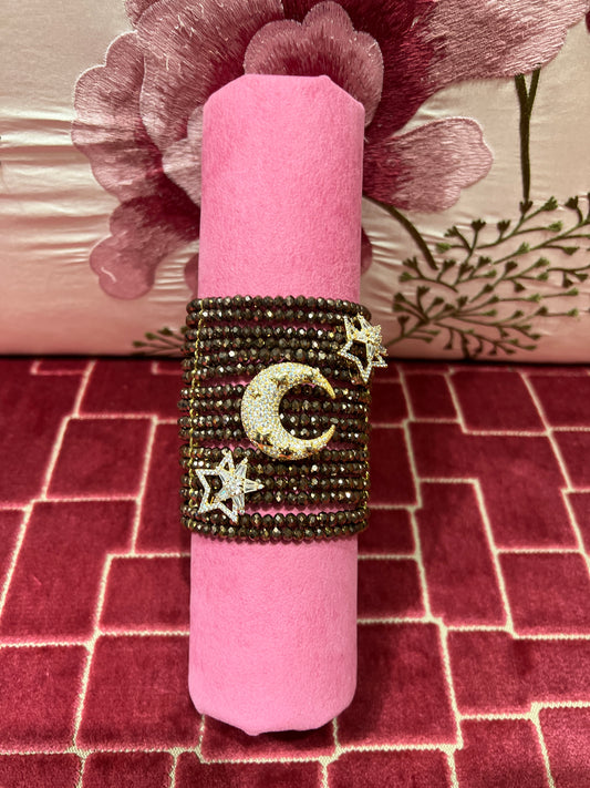 Manuela Ajo’ creazioni bracciale cristalli bronzo/marrone con spille mezza luna e stelle strass