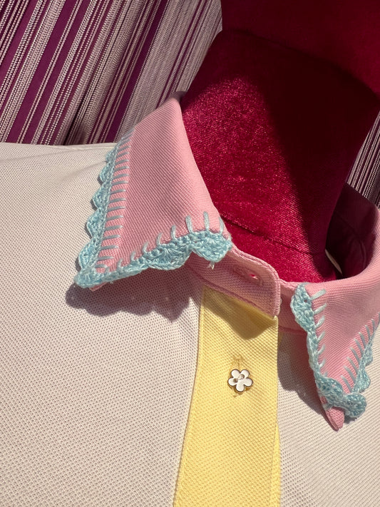 Sincere Paris polo nido d’ape bianca e gialla colletto rosa e celeste