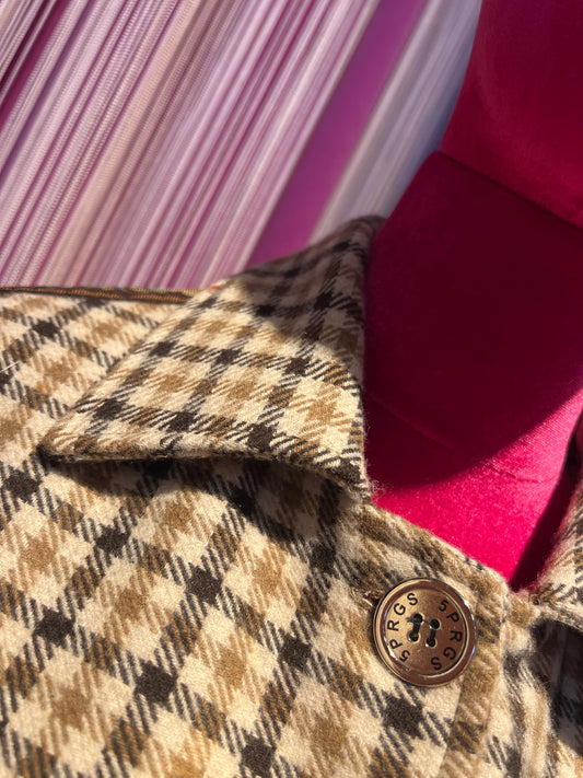 5 Progress cappotto lungo pied de poule marrone beige e panna con applicazioni perline farfalle , coccinella e patch