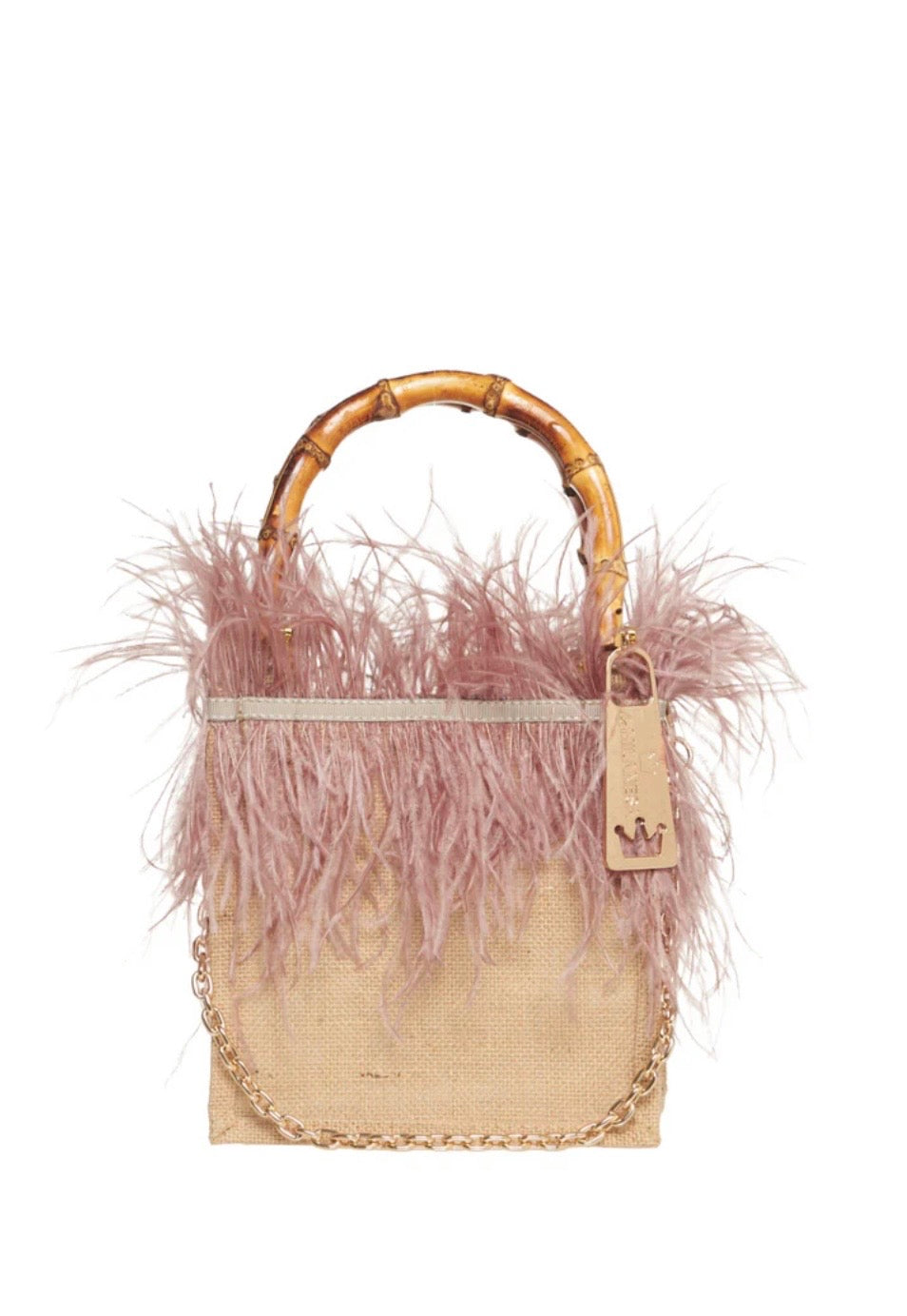La Milanesa -30% di sconto borsa  intrecciata in juta manici in bamboo tracollina dorata violetta small rosa
