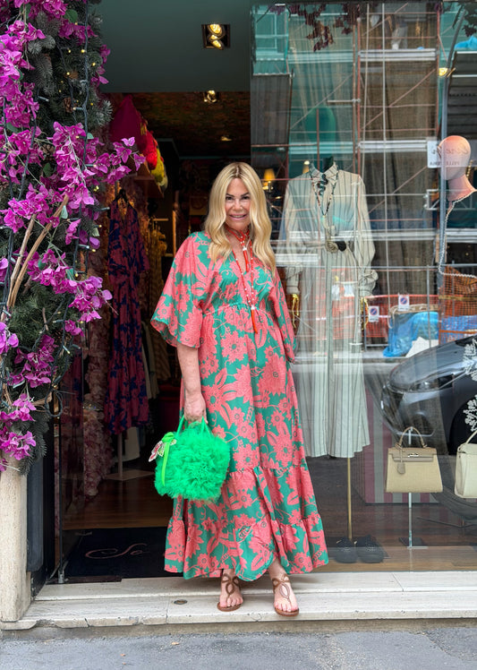 Mon amour Paris abito lungo con balze in seta scollato fantasia floreale verde e rosa