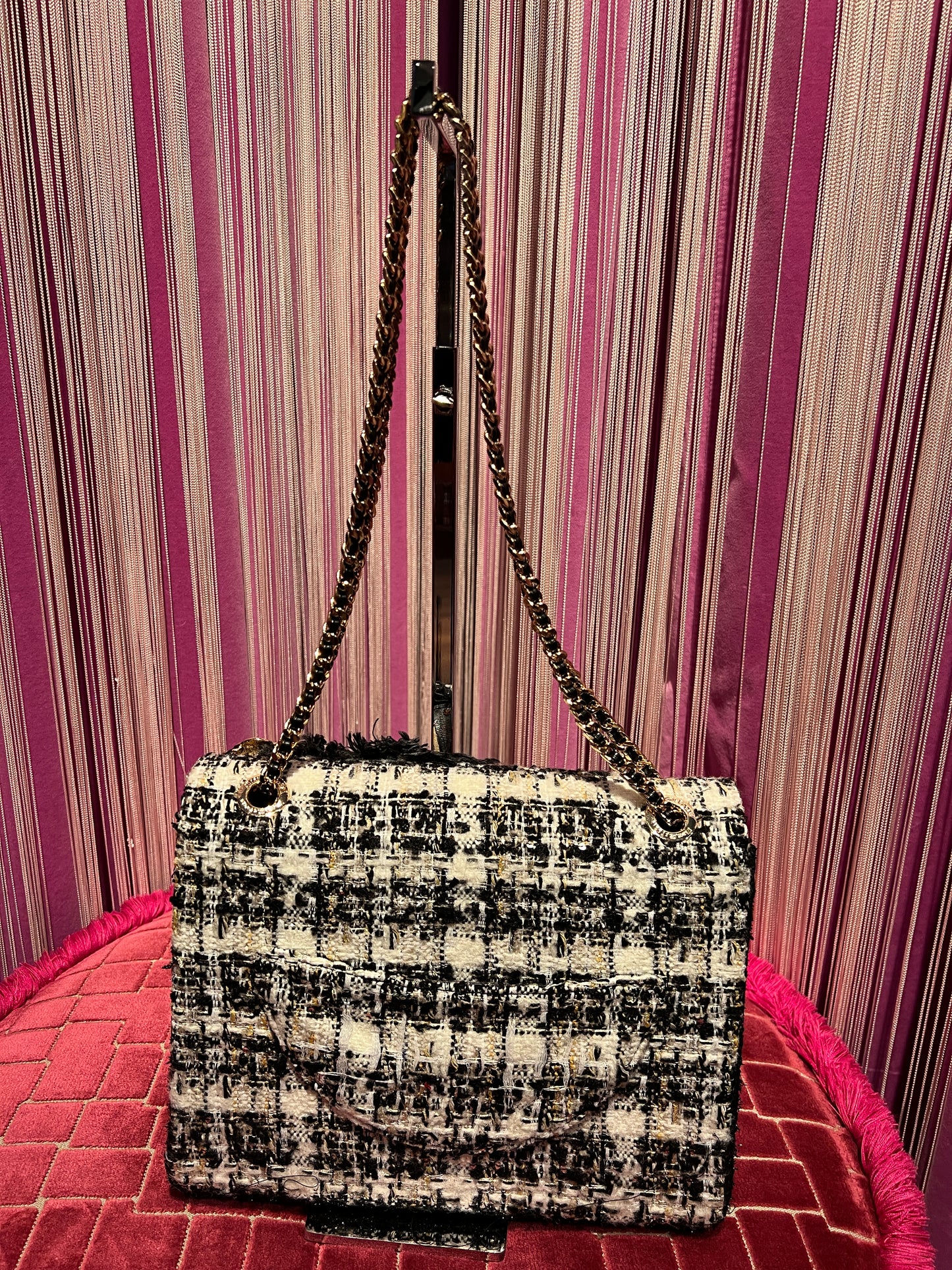 Minime Paris borsa tweed nera e bianca doppia catena