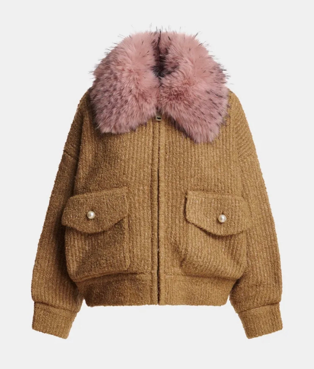 Essentiel antwerp giacca bomber cammello in tessuto boucle’ collo removibile in ecopelliccia rosa chiaro