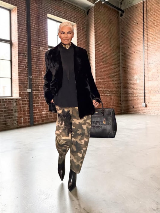 The room pantalone 💥CAMOU JEWEL💥camouflage con patch ramage nero di paillettes