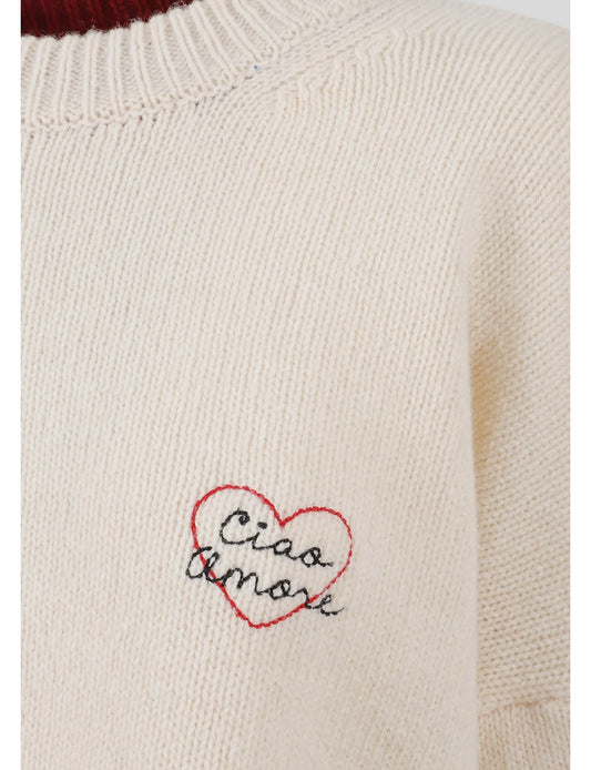 Giada Benincasa maglia girocollo oversize con cuore mini logo ricamato “ Ciao amore” maniche a righe