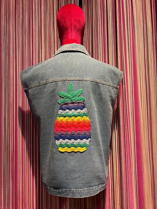 Mon amour Paris gilet jeans denim con applicazione ciliegie retro applicazione crochet