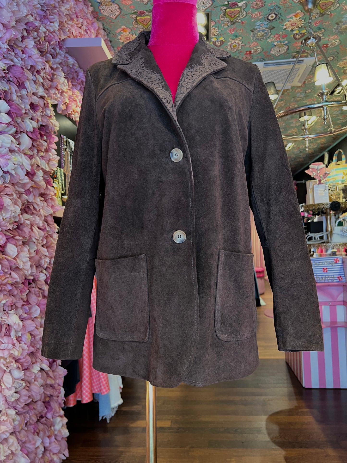 Pink Memories giacca marrone camoscio con pizzo