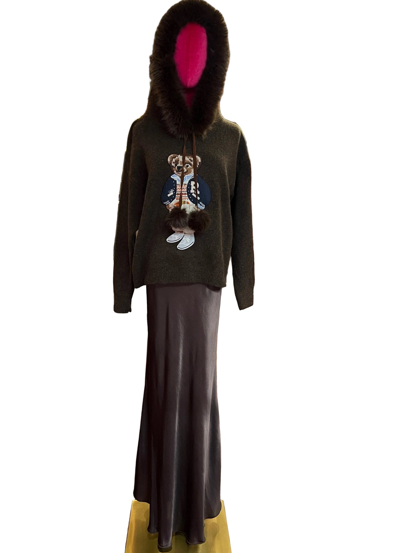 The room completo maglia con teddy , cappuccio con ecopelliccia rimovibile, gonna lunga marrone