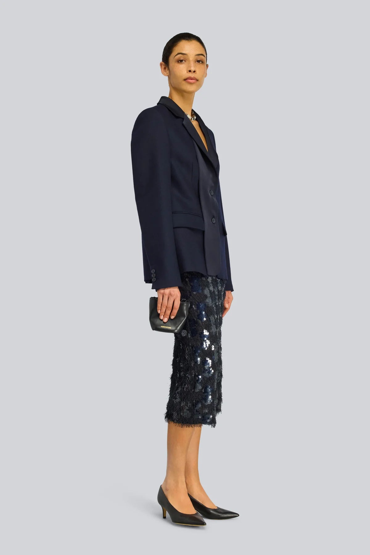Semicouture giacca in flanella blu notte modello monopetto con rever in raso