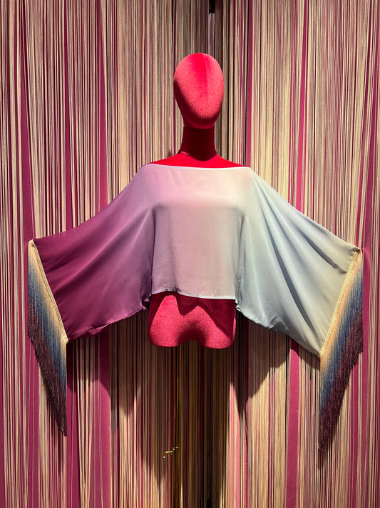 Maesta -50% di sconto cappa/stola in voile con frange celeste viola sfumata