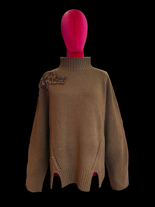 Ermanno Scervino maglia collo alto con ramage bronzo cristalli e perline