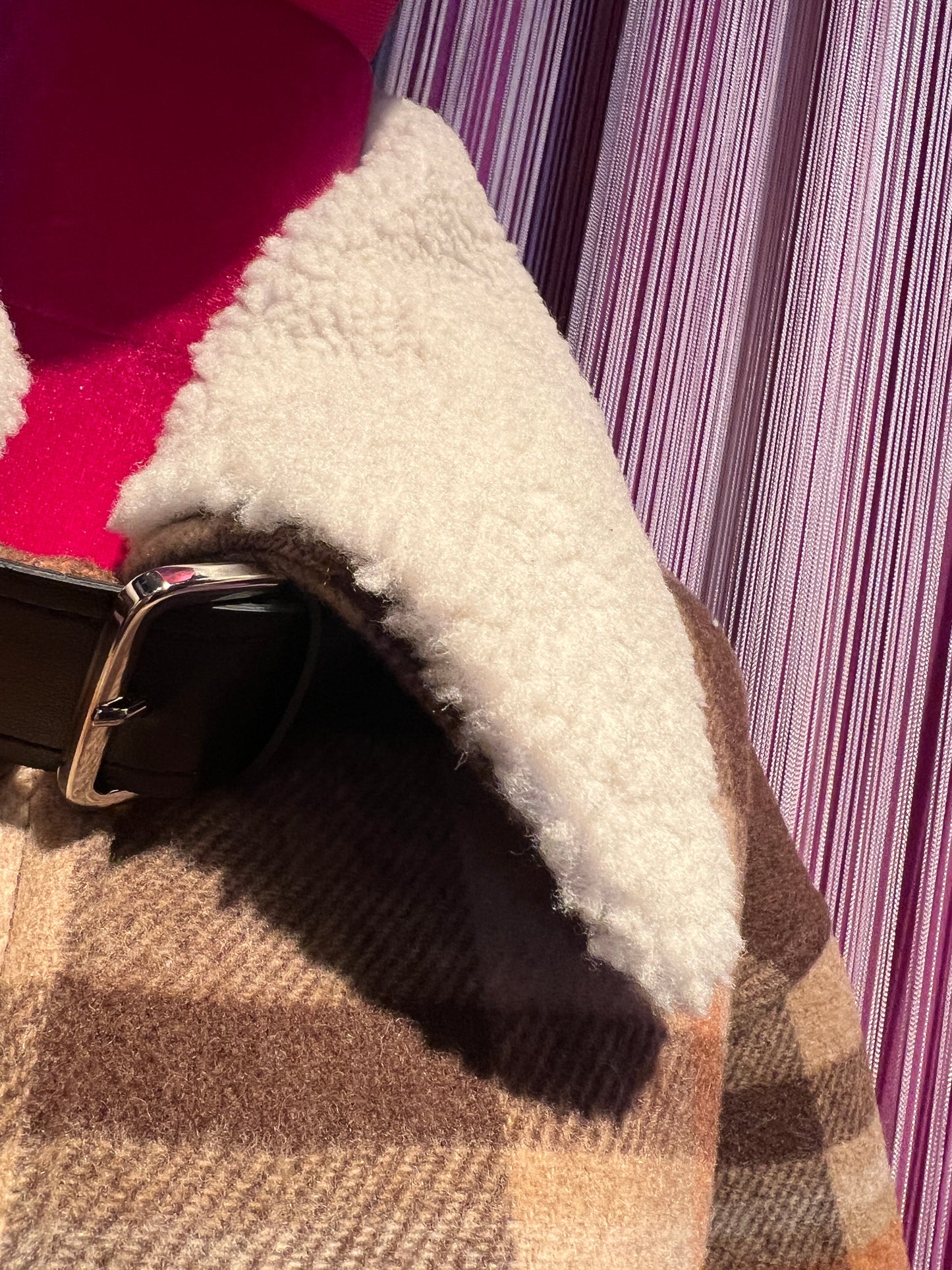Semicouture giacca/cappotto a quadri beige marrone e arancio con collo  in montone  rimovibile