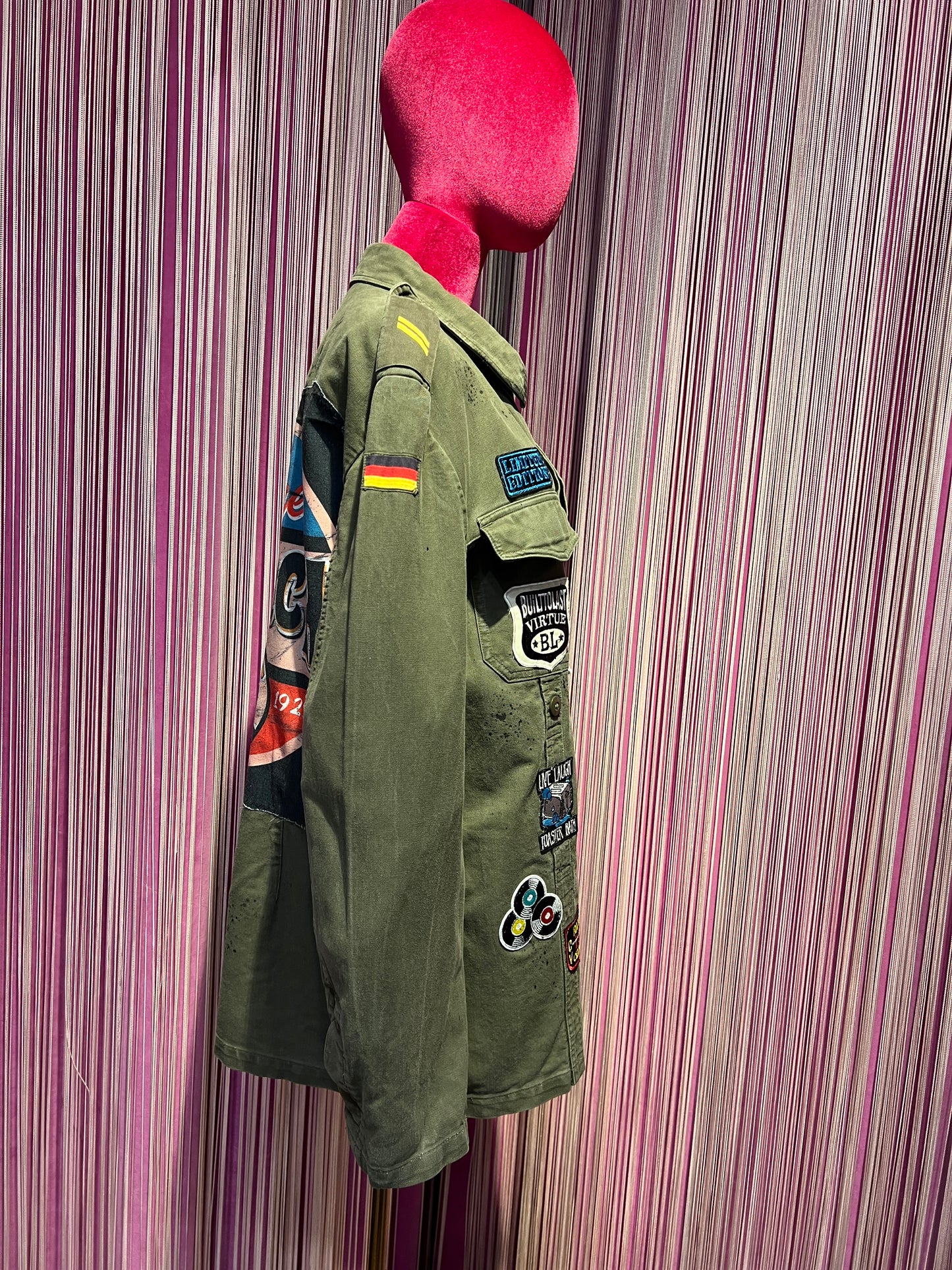 ABpink 🩷giacca la verdina unisex verde militare patch bocca e applicazioni jeans e braccio di ferro