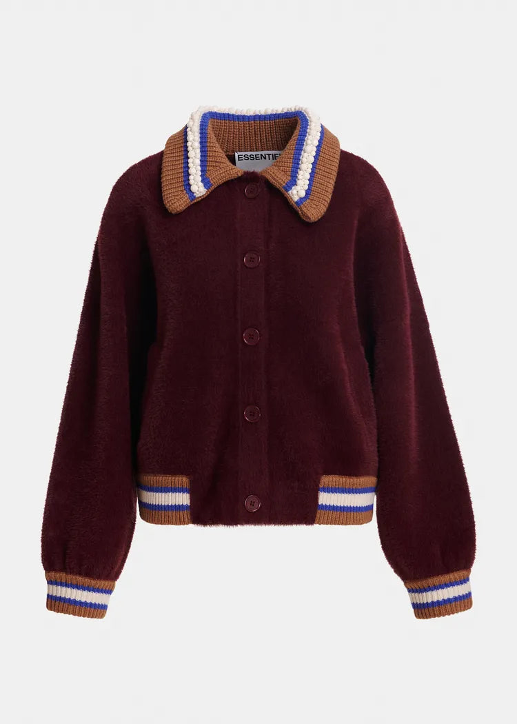 Essentiel antwerp cardigan bordeaux con colletto decorato con perline bianche , toni del marrone blu e bianco sporco