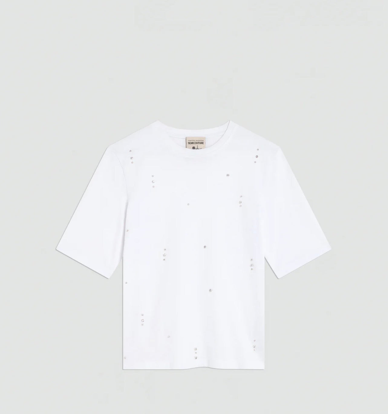 Semicouture t shirt in cotone ricamata con strass sfaccettati effetto crystal