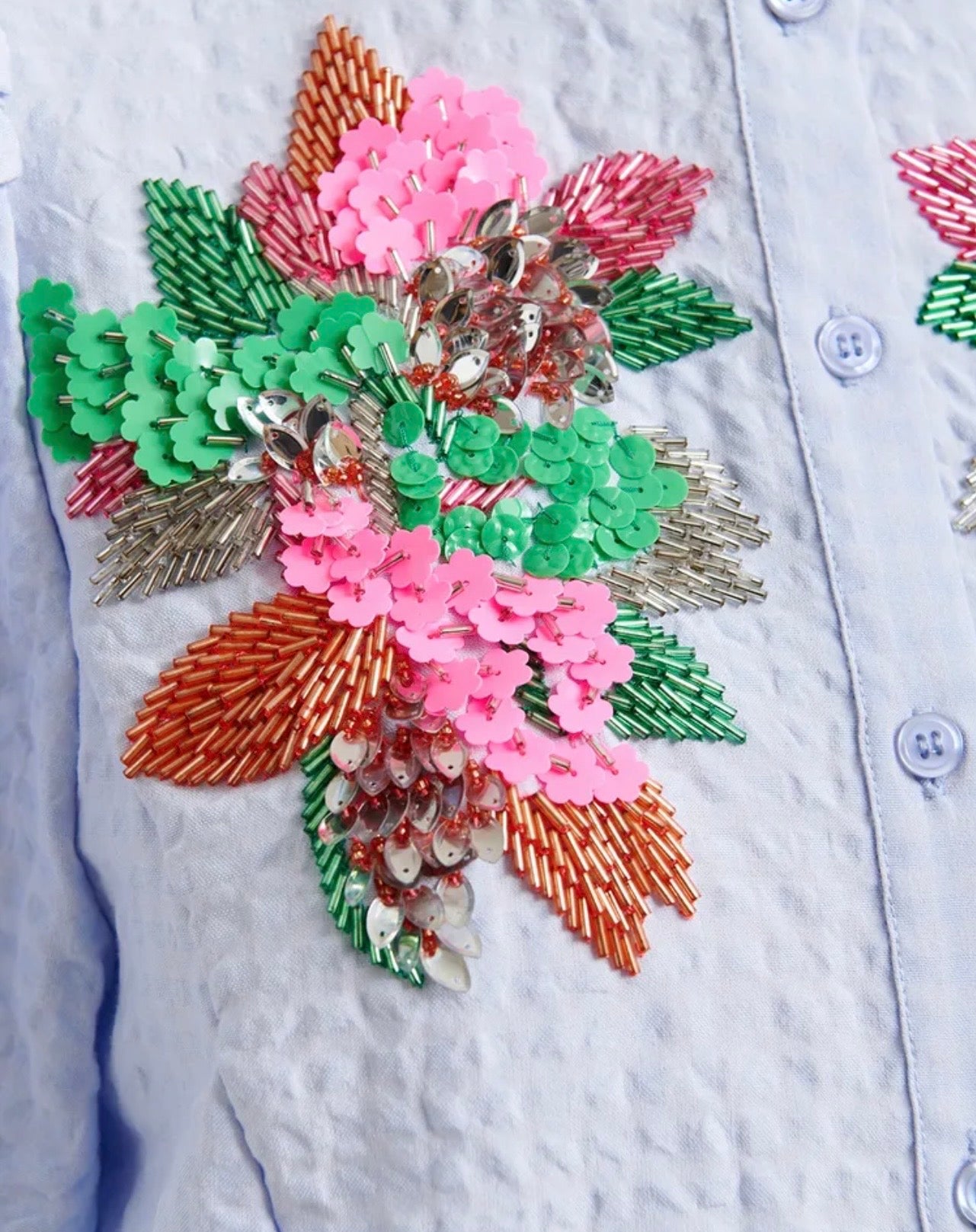 Essentiel antwerp -40% di sconto camicia azzurra manica a sbuffo con motivo floreale impreziosito da paillettes e perline