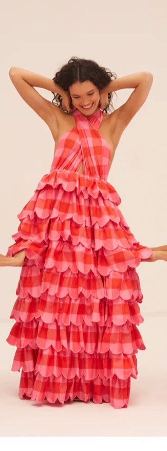 Sundress abito lungo a balze scollato arancio  e rosa