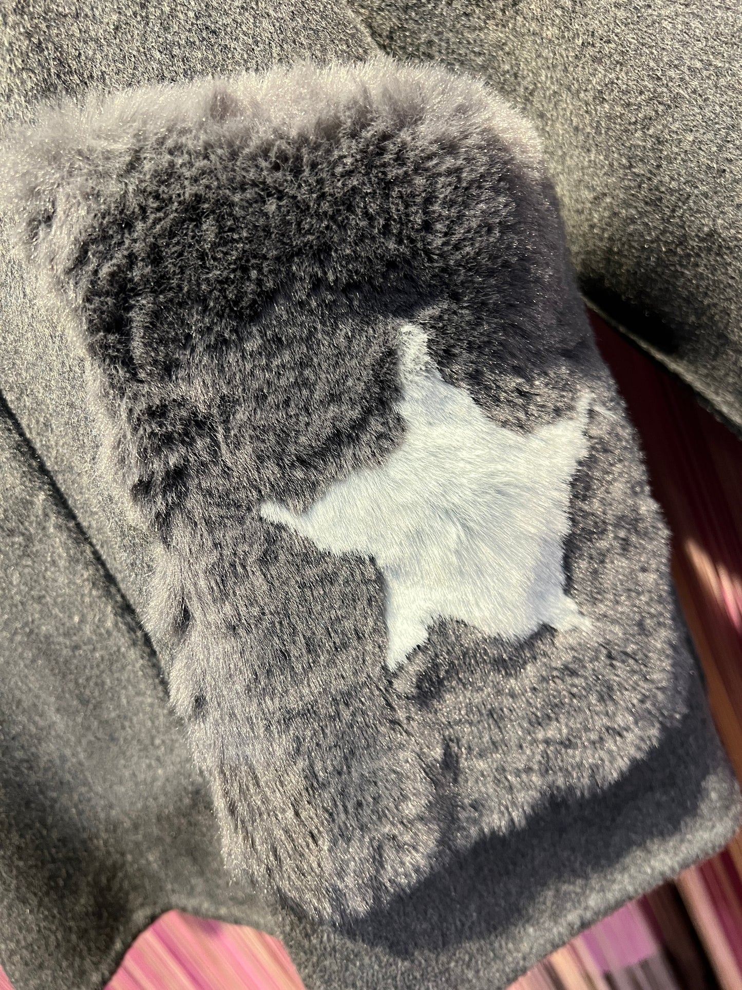 Sincere Paris giacca cappotto con sciarpa rimovibile grigio scuro tasche ecopelliccia con stelle