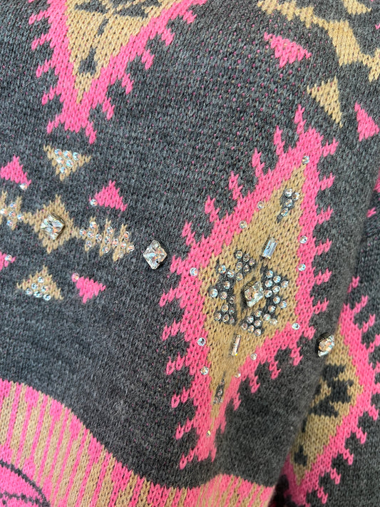 Colour market maglia jacquard con frange e strass grigio e fucsia
