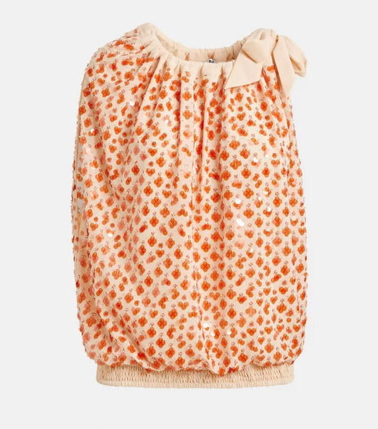 Essentiel antwerp top asimmetrico arancione impreziosito da paillettes con nastro da annodare al collo