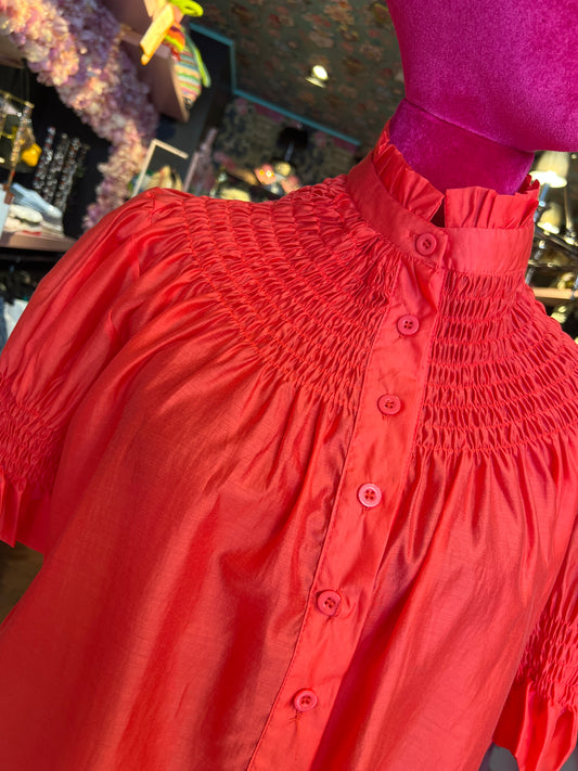 Cristina beautiful life camicia manica sbuffo arancio cotone e seta