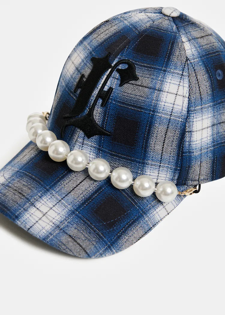 Essentiel antwerp cappello con visiera a quadri blue con decorazione rimovibile in finte perle