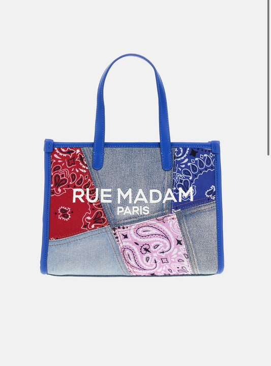Rue Madam Paris mini shopping denim con patch stampa bandana e tracolla