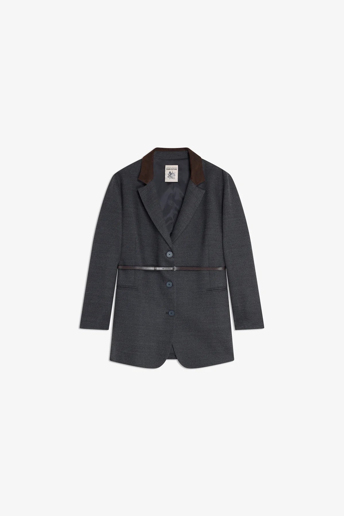 Semicouture giacca in flanella antracite colletto pelle marrone, cintura vestibilita over