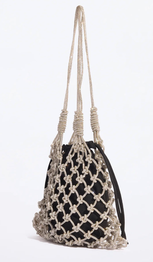 Circus Hotel borsa ad uncinetto in cordoncino strass , interno pochette a sacchettino in suede, colore crystal