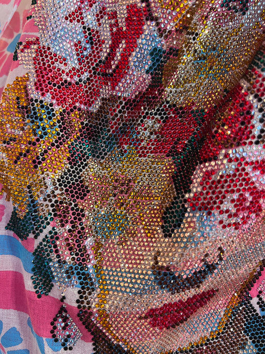 Foulard Frida 100% cotone fantasia floreale rosa e azzurro, decorazione cristalli