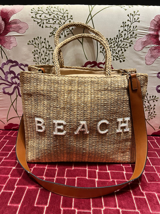 Borsa due manici in paglia intrecciata  con tracolla e scritta “ Beach” in perline