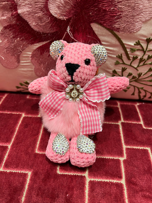 Charms/portachiavi orsetto rosa con strass e ecopelliccia rosa