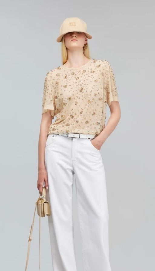 Semicouture t shirt Louisa tulle cotone beige applicazioni Swarovski e paillettes