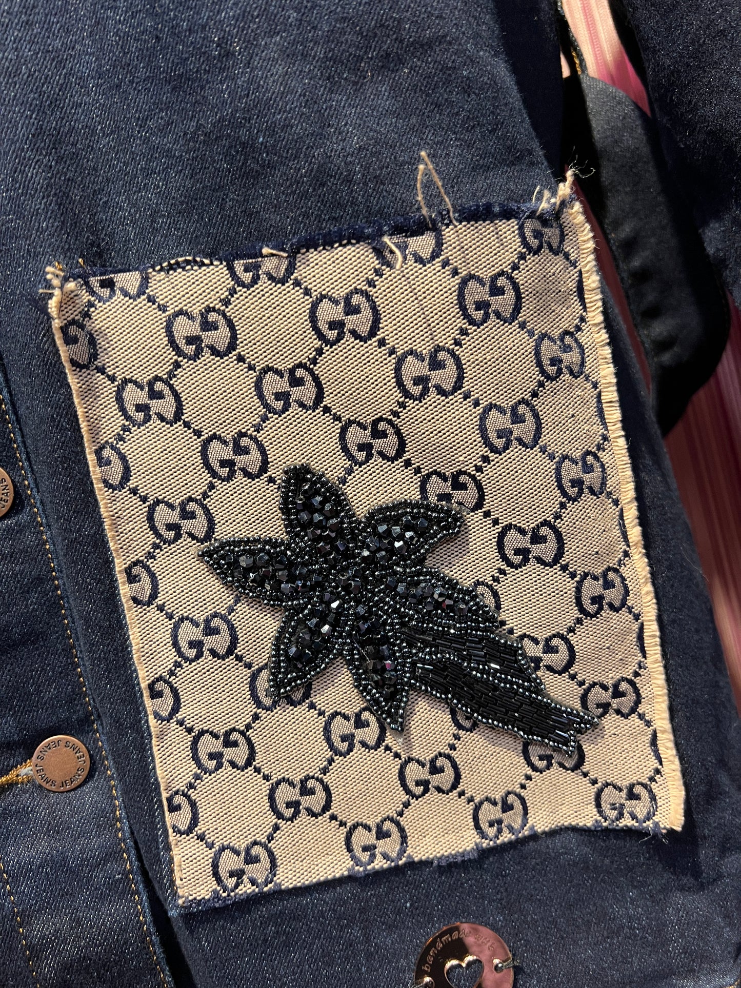 ABpink 🩷 giacca denim con cintura applicazioni fiore e stella perline