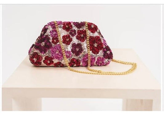 Pink memories clutch paillettes fiori con tracollina