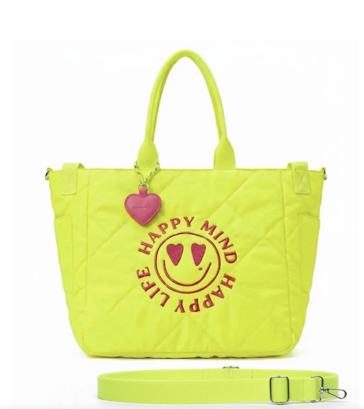 Miss goodlife -20% di sconto borsa shopper trapuntata giallo neon con smile fucsia , tracolla