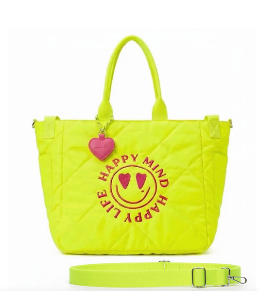 Miss goodlife borsa shopper trapuntata giallo neon con smile fucsia , tracolla