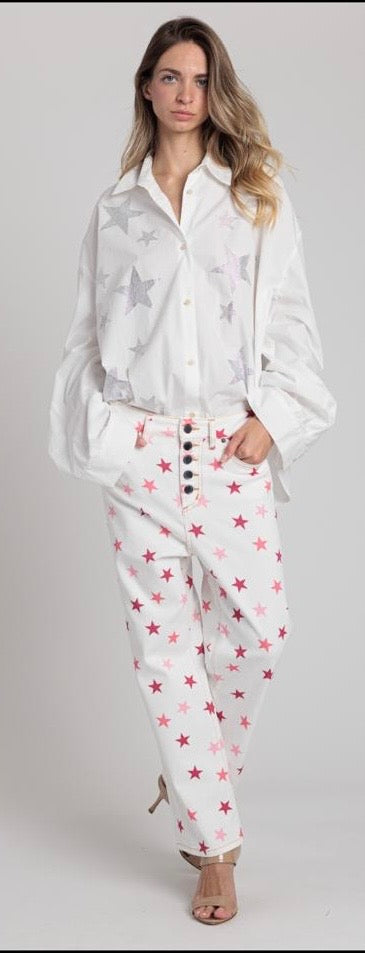 Rossano Perini jeans loose bianco stelle rosa