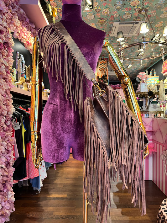Rue Madam Paris tracolla vintage marrone con frange