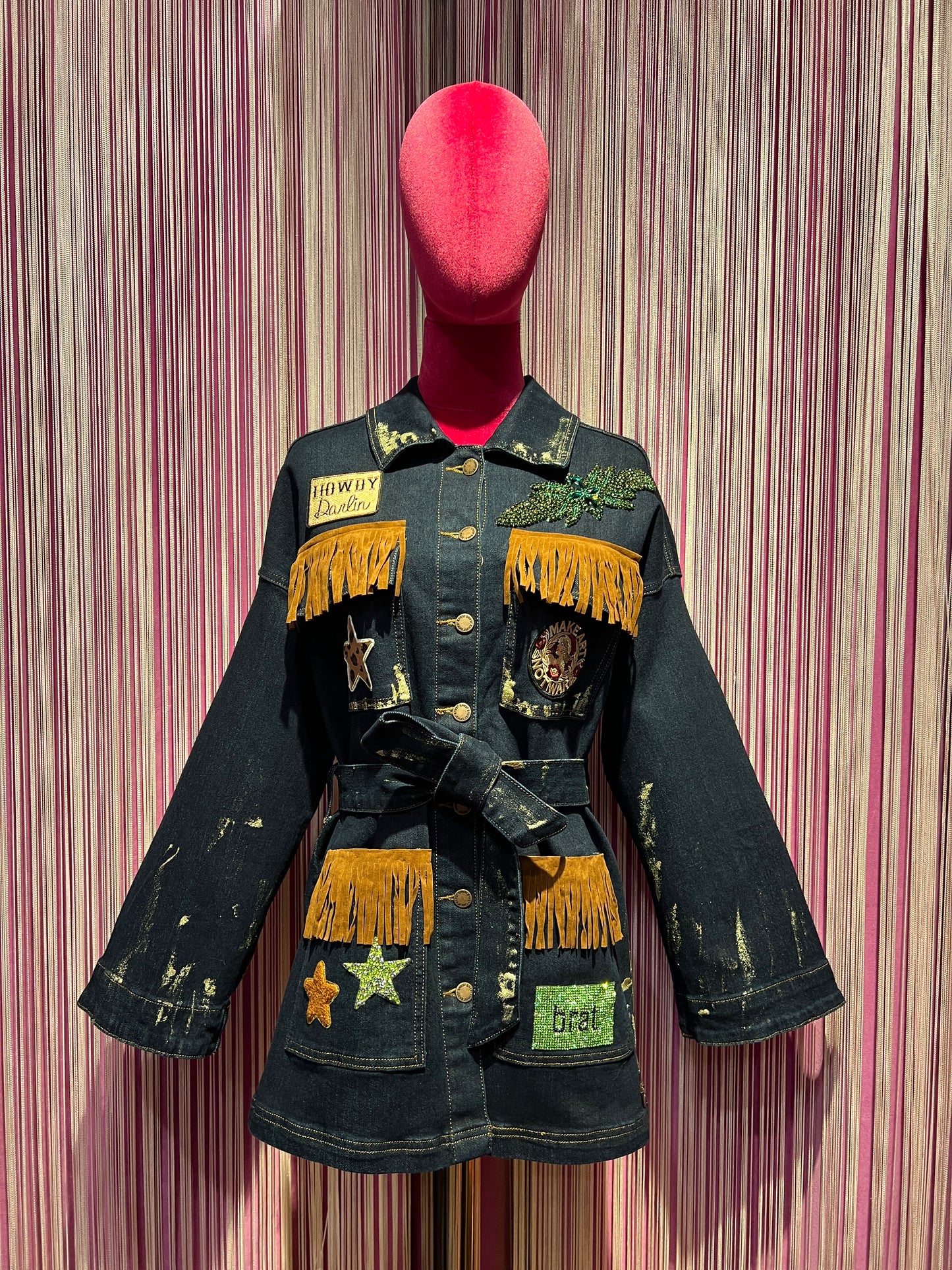 ABpink 🩷 giacca denim con cintura applicazioni patch stelle  tasche con frange