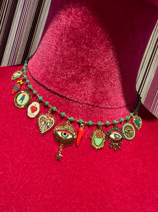 Principessa Glam collana girocollo perline verdi cornetto rosso