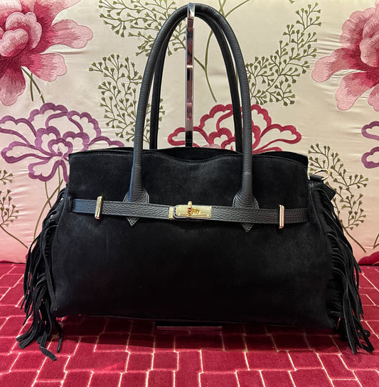 Love & roses borsa due manici nera con frange e tracolla
