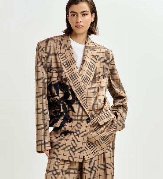 Essentiel antwerp blazer over doppiopetto marrone e nero con stampa posizionata effetto pixel