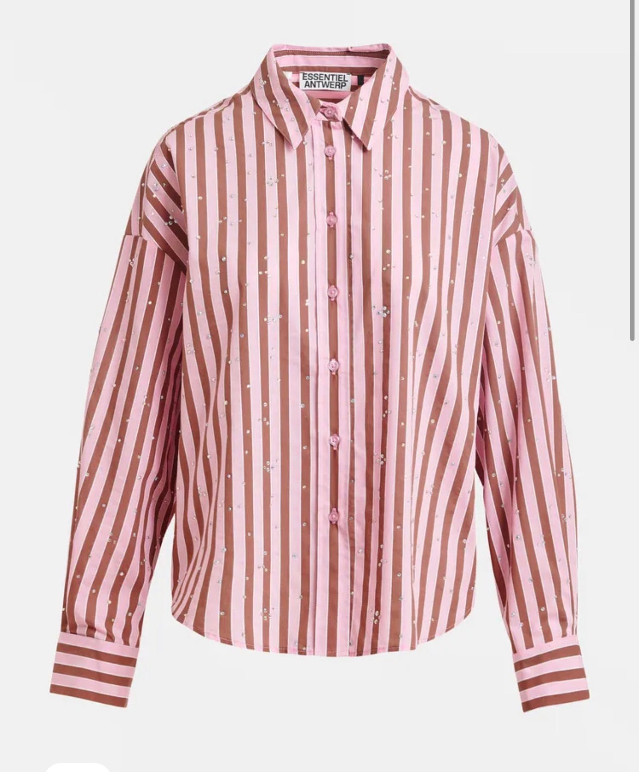 Essentiel antwerp completo camicia e short con elastico in vita , misto cotone ,fantasia righe rosa e marrone con decorazioni strass