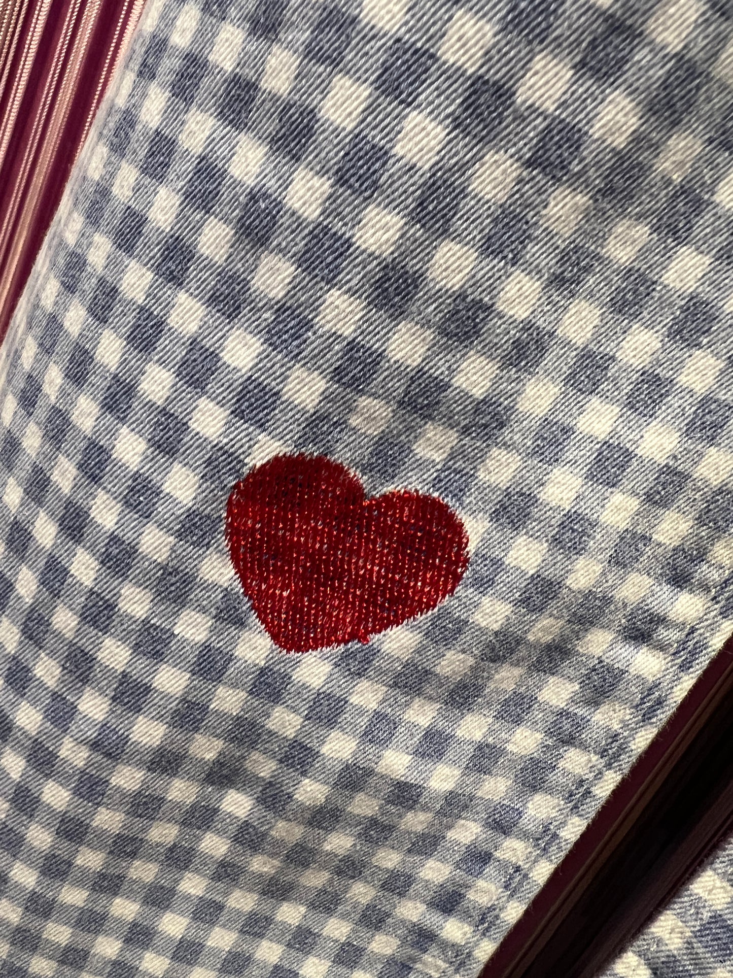 Love & roses pantaloni a quadretti vichy celesti e bianchi tasche a cuore