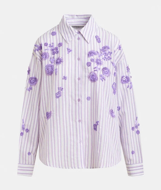 Essentiel antwerp camicia in cotone righe avorio e viola con decorazioni floreali paillettes e perline