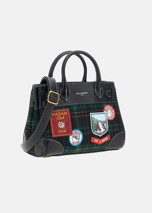 Rue Madam Paris borsa due manici in panno fantasia check tartan/ green piccola , con tracolla