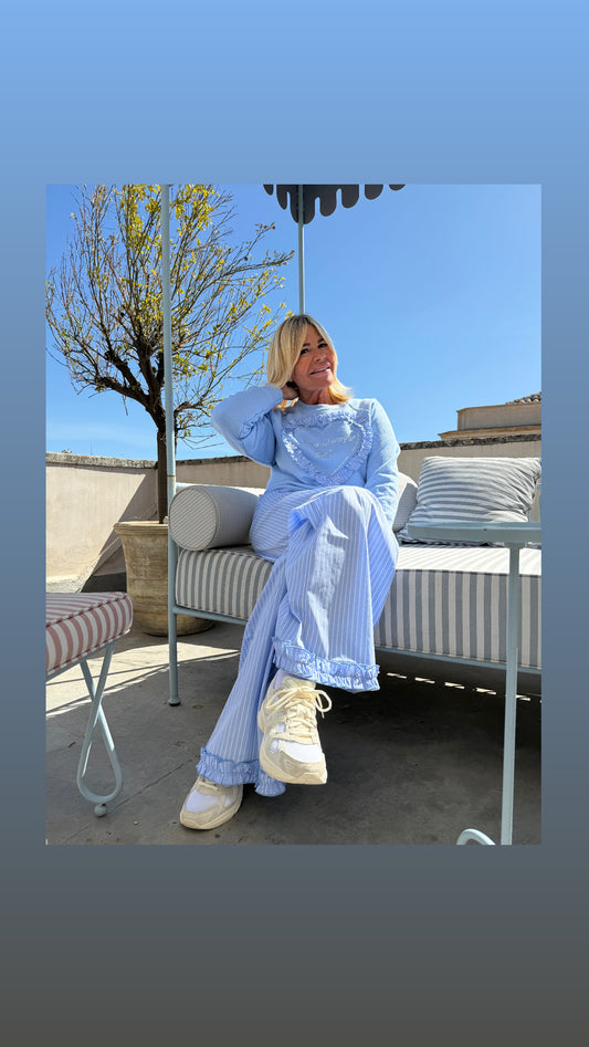 Gina Gorgeous pantalone palazzo di cotone a righe celeste e bianco Palmira 1